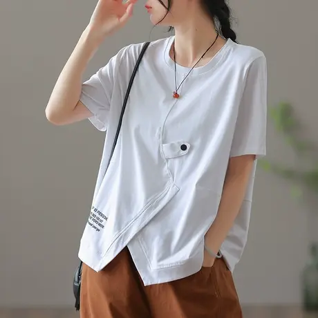 dza文艺复古宽松短袖t恤女夏薄款开叉上衣短款体恤纯棉圆领打底衫商品大图
