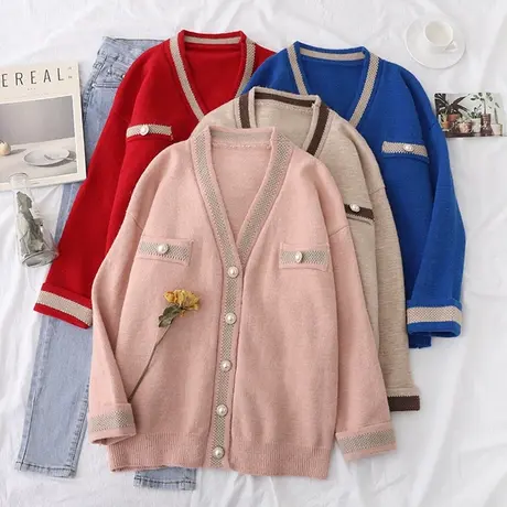 2020秋装新款外搭毛衣外套女韩版宽松春秋时尚学院风粉色针织开衫图片