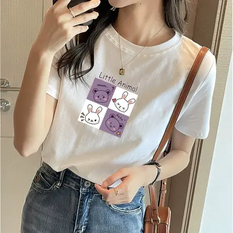 纯棉白色t恤上衣女2023夏季韩版印花兔子小熊宽松减龄半袖体恤衫图片