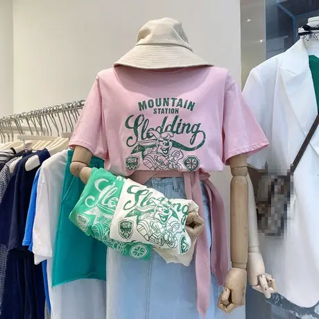 韩国东大门短袖t恤女夏季2021新款字母印花粉色宽松百搭ins潮上衣商品大图