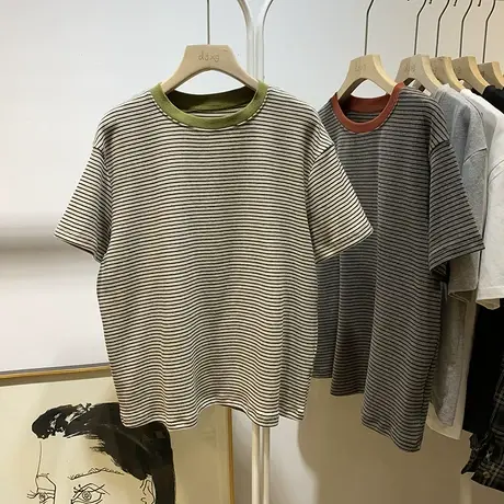 简约大气经典百搭撞色圆领条纹短袖t恤女弹力宽松显瘦打底衫上衣图片