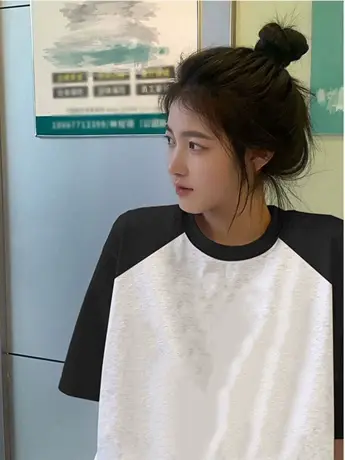 夏季新款时尚拼接仿棉短袖t恤女小众设计宽松显瘦上衣撞色打底衫商品大图