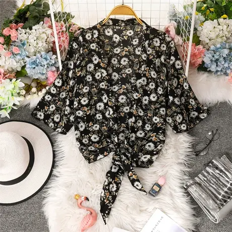 黑色雪纺开衫女夏季薄款防晒罩衫披肩吊带外搭纯欲风短款上衣外套商品大图