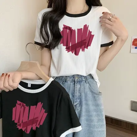 涂鸦爱心印花短袖T恤女夏季学生宽松半袖内搭打底衫短款正肩上衣商品大图