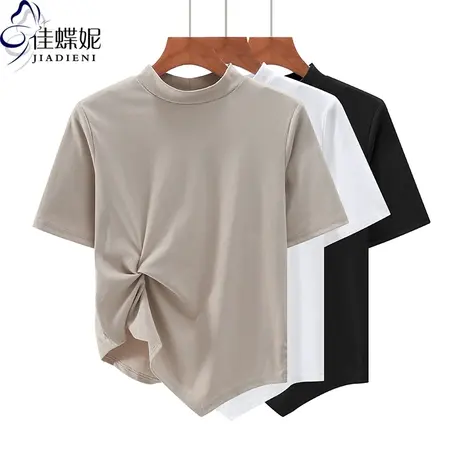 夏季新款韩半高领褶皱下摆不规则宽松纯棉纯色短袖体恤上衣内搭女商品大图