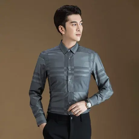 powo衬衫商务时尚修身2023春季新款大格纹长袖休闲深灰色男士衬衣商品大图