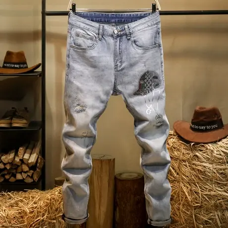 破洞镶钻牛仔裤男潮牌ins修身小脚裤高街个性补丁百搭休闲长裤子商品大图