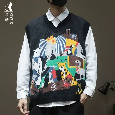 趣味卡通刺绣毛衣背心男抗起球500g重磅V领针织衫秋季宽松大码潮商品大图