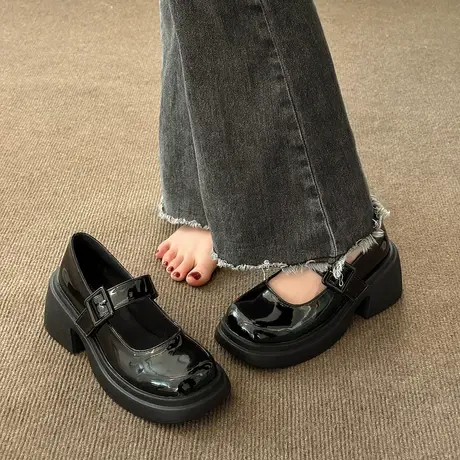 英伦风小皮鞋女2023年夏季粗跟高跟法式复古单鞋百搭厚底玛丽珍鞋商品大图