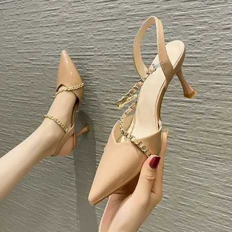 尖头高跟鞋女细跟2023年夏季新款性感一字带气质链条包头漆皮单鞋图片