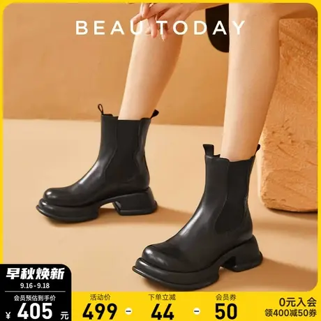 BeauToday短靴女2023春季新款BT真皮单靴高跟黑色粗跟复古女靴图片