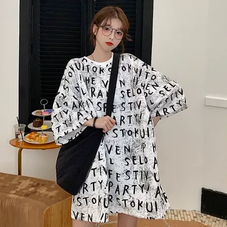 夏季新款胖mm韩版字母短袖t恤大码女装宽松显瘦中长款上衣潮200斤商品大图
