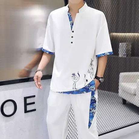 棉麻套装男夏季薄款亚麻短袖t恤潮流刺绣中国风男装帅气一套衣服商品大图