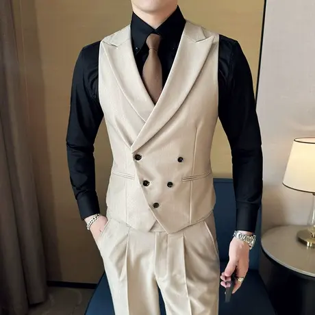 戗驳领双排扣马甲男英伦风V领马夹搭配修身那不勒斯长裤一套装潮图片