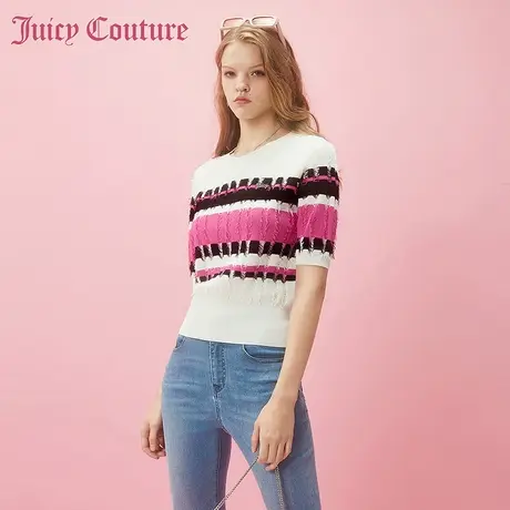 Juicy Couture橘滋2024早春日穿搭新款金属牌流苏肌理女士针织衫图片