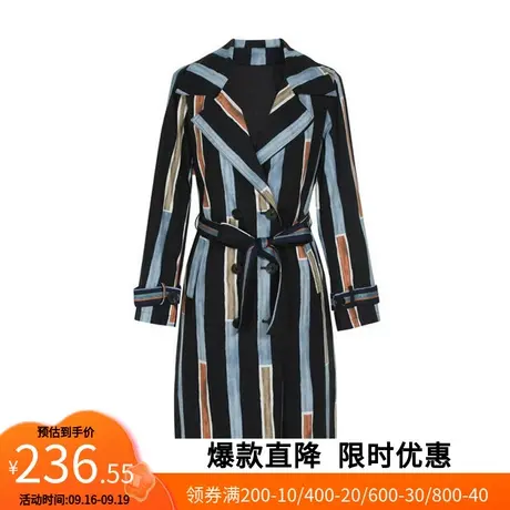 【艾格】收腰印花拼接风衣外套2023春季新款女西装领双排扣腰带商品大图