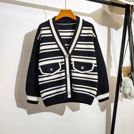 小香风毛衣开衫外套女秋冬新款韩版宽松大码长袖条纹针织加厚上衣图片