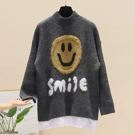 2023冬季新款慵懒风宽松显瘦针织衫刺绣笑脸设计感假两件毛衣女潮图片