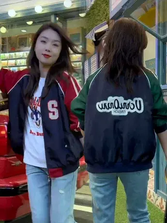 风衣短外套女2023新款撞色蓝绿拼接上衣S字母休闲开衫夹克棒球服商品大图