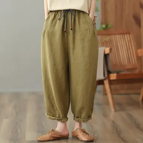 dza 高腰显瘦亚麻休闲裤女2023夏季九分哈伦裤宽松棉麻阔腿直筒裤图片