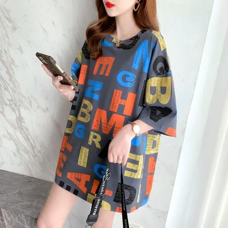 2023年新款春夏大码女装连衣裙子气质欧美微胖mm显瘦遮肚短袖t恤商品大图