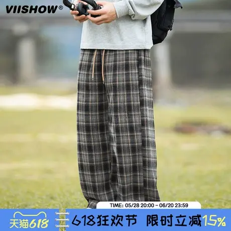 VIISHOW复古磨毛格子休闲裤男春款口袋绣花卫裤宽松直筒廓形长裤商品大图