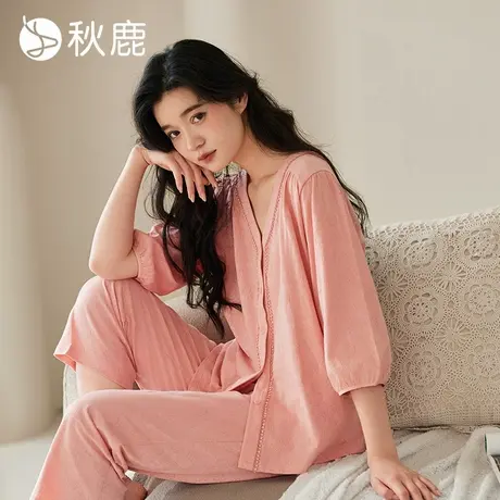 秋鹿【牡丹花】针织提花棉睡衣女春夏高级感七分灯笼袖家居服套装商品大图