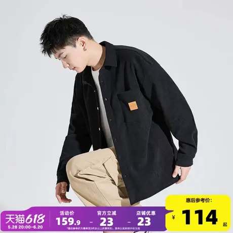 唐狮春秋季新款男翻领前胸单口袋皮标长袖衬衫宽松日常休闲外套潮商品大图