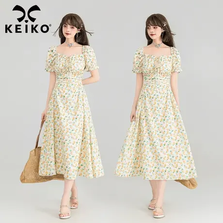 KEIKO 茶歇法式小碎花连衣裙女夏季气质复古显瘦方领泡泡袖长裙图片