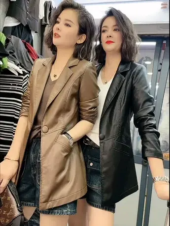 女士皮衣外套女短款春秋2023年新款韩版时尚修身收腰PU皮夹克西装商品大图