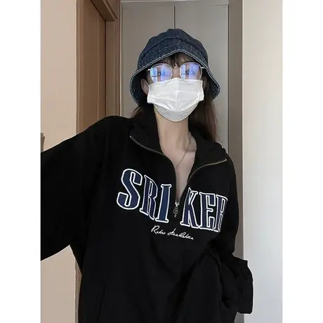 美式polo领卫衣女秋冬加绒ins潮高街大码oversize半拉链翻领上衣商品大图