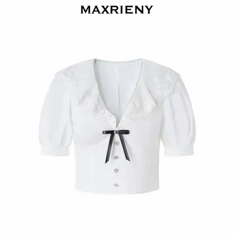 【奥莱】MAXRIENY欧式衬衫夏季复古蕾丝v领雪纺衫上衣女图片