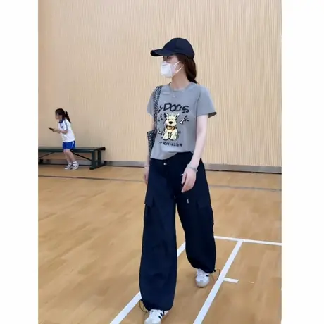 夏季设计感小狗印花韩里韩气正肩短款上衣女chic别致灰色短袖t恤商品大图