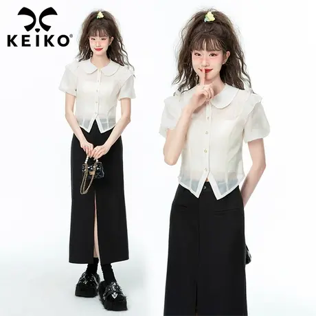 朦胧透感轻纱杏色短袖上衣女2023夏季新款洋气漂亮娃娃领衬衫小衫图片