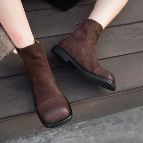 Artmu阿木原创复古方头洋气小短靴平底真皮女靴2023新款舒适百搭商品大图