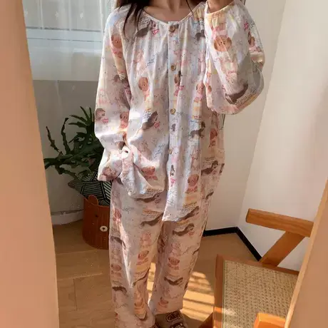 狗狗乐园圆领长袖长裤全棉双层纱布A类女士睡衣宽松家居服套装商品大图