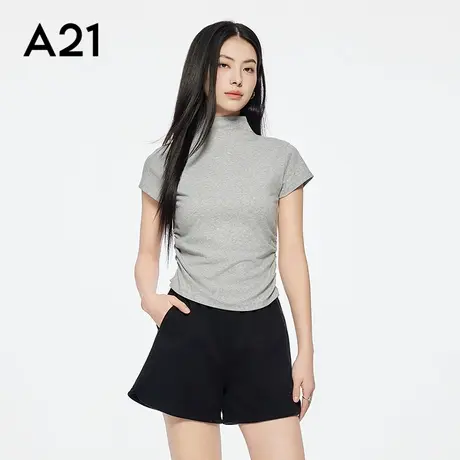 A21女装四色可选修身显瘦棉T恤简约短袖半高领上衣时尚简约显瘦图片