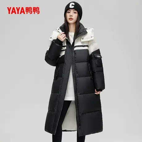YAYA鸭鸭羽绒服女冬季长款宽松休闲运动风设计感加厚连帽拼色外套图片