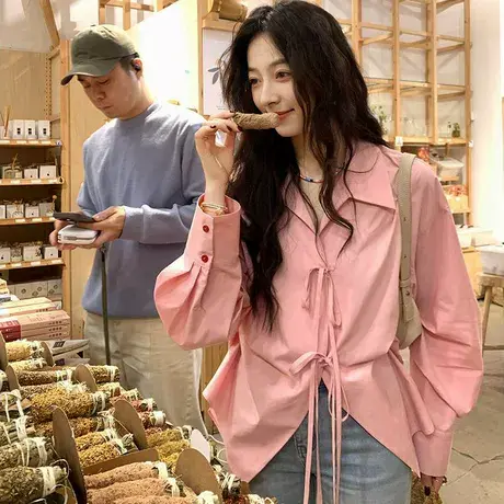 爵莱菲大码天丝莱赛尔棉设计感翻领蝴蝶结系带衬衫女法式复古上衣商品大图