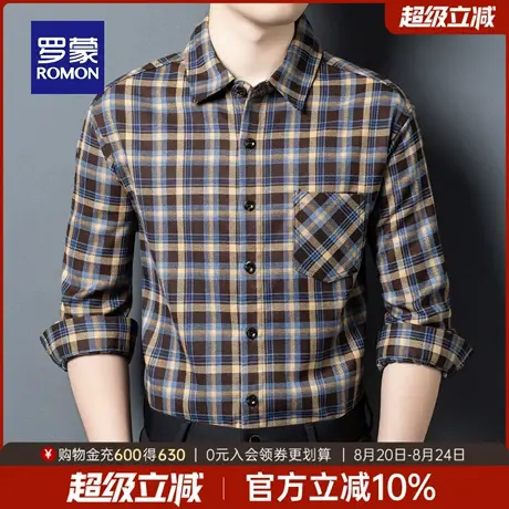 罗蒙男士简约复古长袖衬衫2025秋季新款中老年日常翻领格子衬衣男商品大图
