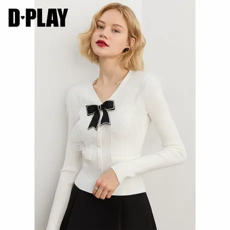 DPLAY秋新新法式优雅V领网纱拼接针织衫镶钻蝴蝶结装饰毛衫商品大图