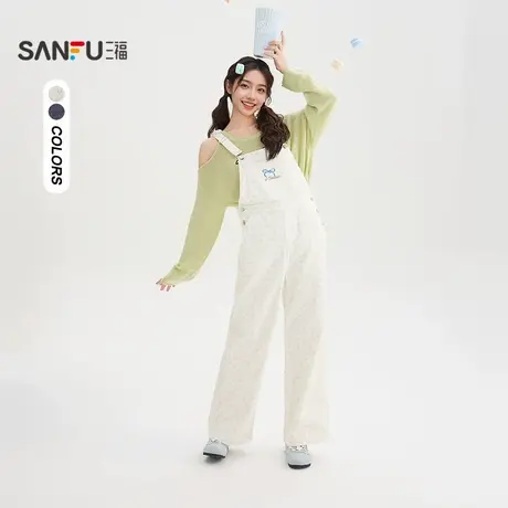 三福连身裤2025秋季蝴蝶结刺绣可调肩带背带裤女装509536商品大图