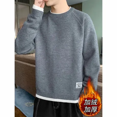 圆领毛衣男秋冬季潮牌长袖打底衫加绒加厚内搭毛线衣服男士针织衫商品大图