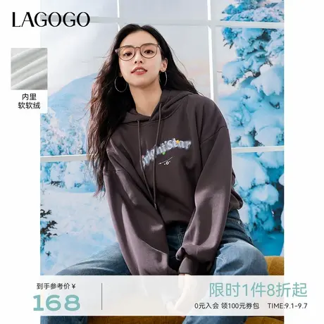 LAGOGO字母印花卫衣女拉谷谷2024年冬季新款连帽休闲加绒上衣图片