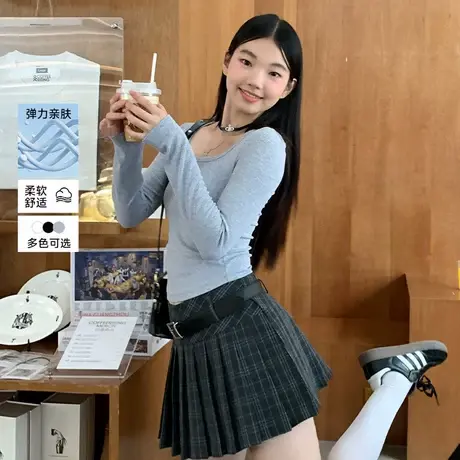 KV真维斯灰色内搭打底衫女2025新款春秋季小个子百搭修身长袖t恤商品大图