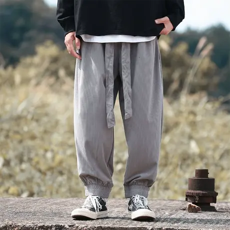 秋冬季男休闲裤宽松系腰带中国风收口小脚长裤加肥加大码哈伦裤子商品大图