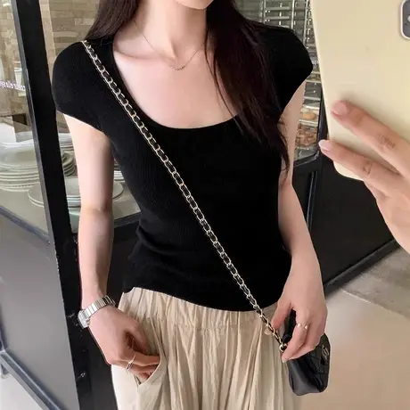 纯欲风U领冰丝针织衫短袖t恤女夏季设计感小众修身显瘦辣妹上衣服商品大图