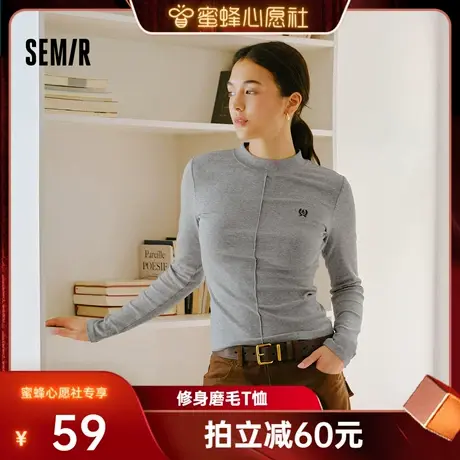 森马长袖T恤女冬半高领小心机分割2025新款刺绣紧身磨毛上衣显瘦商品大图