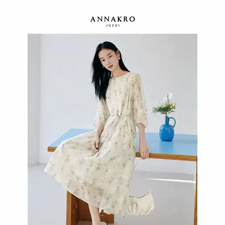 玖姿安娜蔻优雅田园风印花腰带收腰圆领连衣裙女2026春季新款图片