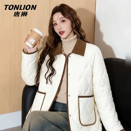唐狮巨好看的夹棉外套女2026新款冬季小个子撞色翻领棉衣棉服女VB图片